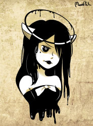 Rule 34 | 1girl, alice (bendy and the ink machine), bare shoulders, bendy and the ink machine, black hair, black lips, bow, breasts, dress, highres, horns, ink, lipstick, long hair, makeup, mole