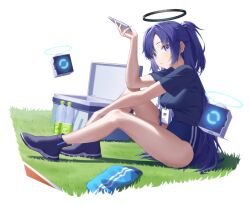 Rule 34 | 1girl, absurdres, aqua jacket, ass, bare arms, bare legs, black footwear, black halo, black shirt, bloomers, blue archive, blue buruma, blue halo, bottle, breasts, buruma, cooler, drone, facepaint, from side, full body, gaoqiaoyuyin takahashi, grass, hair intakes, half updo, halo, hand on own leg, hand up, head tilt, highres, holding, holding phone, jacket, knee up, lanyard, legs, long hair, looking at viewer, medium breasts, official alternate costume, on ground, outdoors, parted bangs, phone, purple hair, shade, shadow, shirt, shoes, short sleeves, sidelocks, sitting, sneakers, solo, star (symbol), striped clothes, striped jacket, swept bangs, thick thighs, thighs, track jacket, two-tone halo, underwear, very long hair, water bottle, white background, wide sleeves, yuuka (blue archive), yuuka (track) (blue archive)