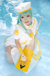 Rule 34 | 1girl, alice carroll, alice carroll (cosplay), aria (manga), asian, blue eyes, blue hair, color contacts, cosplay, fingerless gloves, gloves, green hair, kipi-san, long hair, looking at viewer, matching hair/eyes, mole, paddle, partially submerged, photo (medium), solo, undine, uniform, wet