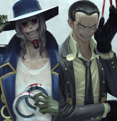 Rule 34 | 2boys, black gloves, black hair, blood, captain kuro, chakram, claws, facial hair, formal, glasses, gloves, goatee, grey hair, hand on headwear, hat, jango (one piece), looking at viewer, male focus, medium hair, multiple boys, necktie, one piece, open mouth, smile, source request, suit, sunglasses, weapon, zitszy