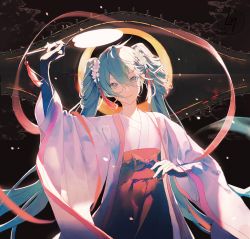 Rule 34 | 1girl, 39, alternate costume, aqua eyes, aqua hair, arm up, blue eyes, blue hair, bridge, chinese clothes, chuushuu meigetsu miku, commentary, flower, hagoromo, hair between eyes, hair flower, hair ornament, hand fan, hatsune miku, highres, holding, holding fan, lirseven, long hair, long skirt, long sleeves, looking at viewer, open mouth, paper fan, red skirt, robe, sash, shawl, skirt, smile, solo, standing, twintails, uchiwa, upper body, very long hair, vocaloid, white flower, white robe, wide sleeves