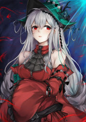 Rule 34 | 1girl, arknights, blush, breasts, dress, gloves, green gloves, green hat, hat, hat ornament, highres, long hair, looking at viewer, looking away, marche mk14, medium breasts, official alternate costume, open mouth, parted lips, pregnant, red dress, red eyes, silver hair, skadi (arknights), skadi the corrupting heart (arknights), solo, witch hat