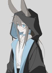 Rule 34 | 1girl, absurdres, amiya (arknights), animal ear fluff, animal ears, arknights, bandages, black jacket, blue eyes, brown hair, closed mouth, collared shirt, commentary request, dress shirt, ears through headwear, grey background, hair between eyes, highres, hood, hood up, hooded jacket, jacket, lihuashuangxiang, long hair, looking away, rabbit ears, shirt, simple background, solo, upper body, very long hair, white shirt