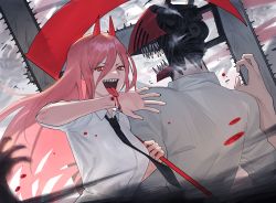 Rule 34 | 1boy, 1girl, absurdres, breasts, chainsaw man, collared shirt, commentary, demon girl, demon horns, denji (chainsaw man), english commentary, hemokinesis, highres, hood (james x), horns, long hair, looking at viewer, necktie, open mouth, power (chainsaw man), ringed eyes, sharp teeth, shirt, teeth, white shirt