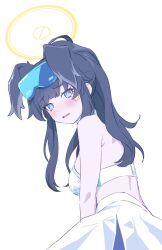 Rule 34 | 1girl, animal ears, black hair, blue archive, blue eyes, blush, breasts, cheerleader, dog ears, extra ears, facial mark, halo, hibiki (blue archive), hibiki (cheer squad) (blue archive), highres, long hair, looking at viewer, medium breasts, millennium cheerleader outfit (blue archive), official alternate costume, open mouth, safety glasses, shun420820, simple background, skirt, solo, star (symbol), white background, white skirt, yellow halo