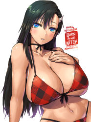 Rule 34 | amania orz, bikini, black hair, blue eyes, breasts, burn the witch, hand under clothes, huge breasts, long hair, niihashi noel, simple background, swimsuit, white background