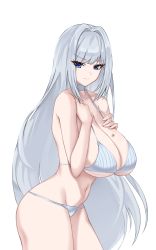 Rule 34 | 1girl, absurdres, bikini, blue eyes, breast tattoo, breasts, cleavage, closed mouth, cowboy shot, crimecrime, ethel (xenoblade), grey bikini, grey hair, hands on own chest, highres, large breasts, long hair, looking at viewer, navel, simple background, solo, stomach, striped bikini, striped clothes, swimsuit, tattoo, vertical-striped bikini, vertical-striped clothes, very long hair, white background, xenoblade chronicles (series), xenoblade chronicles 3