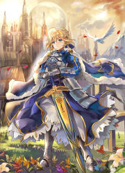Rule 34 | ahoge, armor, armored boots, artoria pendragon (all), artoria pendragon (fate), blonde hair, blue eyes, boots, braid, cape, castle, cloud, fate/grand order, fate (series), flower, fur trim, gauntlets, gorget, grass, hands on hilt, highres, himuro shunsuke, looking at viewer, petals, puffy sleeves, saber (fate), sky, solo, wind