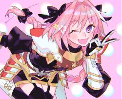 Rule 34 | 1boy, armor, astolfo (fate), belt, black bow, black thighhighs, blush, bow, braid, crossdressing, elbow gloves, fang, fate/apocrypha, fate/grand order, fate (series), garter straps, gauntlets, gloves, hair bow, hair intakes, happy, long hair, long sleeves, looking at viewer, male focus, multicolored hair, one eye closed, open mouth, pauldrons, pink background, pink hair, polka dot, polka dot background, purple eyes, sara (kurome1127), shoulder armor, single braid, smile, solo, star-shaped pupils, star (symbol), symbol-shaped pupils, thighhighs, trap, twitter username, two-tone hair, v, white hair