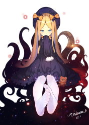 Rule 34 | 1girl, abigail williams (fate), absurdres, artist name, black dress, blonde hair, blue eyes, bow, commentary, dated, dress, fate/grand order, fate (series), feet, hair bow, hand to own mouth, hands in opposite sleeves, hat, hat bow, highres, long hair, looking at viewer, pantyhose, sleeveless, smile, solo, stuffed animal, stuffed toy, teddy bear, tsubasa tsubasa, very long hair, white pantyhose