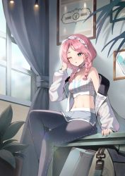 Rule 34 | 1girl, arknights, bare shoulders, black pantyhose, blue eyes, blue poison (arknights), blue poison (shoal beat) (arknights), braid, breasts, choker, collarbone, crop top, dolphin shorts, female focus, grey shorts, hair ribbon, hand up, jacket, long hair, long sleeves, medium breasts, midriff, navel, off shoulder, official alternate costume, one eye closed, open clothes, open jacket, pantyhose, parted lips, pink choker, pink hair, revealing clothes, ribbon, short shorts, shorts, sitting, sleeveless, solo, spaghetti strap, sports bra, stomach, twin braids, twintails, ugwa, white jacket