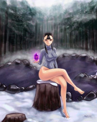 Rule 34 | 1girl, artist name, ashei, bare legs, black hair, blunt bangs, bottomless, crossed legs, floating, floating object, fog, forest, gem, hair ornament, highres, hybridmink, legs, long hair, looking at viewer, nature, nintendo, no pants, pond, ribbed sweater, rock, rupee (zelda), sitting, snow, snowing, solo, sweater, the legend of zelda, the legend of zelda: twilight princess, thighs, tree, tree stump, tsurime, turtleneck, twintails