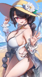 Rule 34 | 1girl, :d, absurdres, beach, black hair, blue archive, blue sky, breasts, cloud, day, flower, halo, hands up, hat, hat flower, highres, hinata (blue archive), hinata (swimsuit) (blue archive), large breasts, monegi, ocean, one-piece swimsuit, open mouth, outdoors, red eyes, see-through, see-through shirt, sitting, sky, smile, solo, strap gap, sun hat, swimsuit, thighs, white flower, white one-piece swimsuit