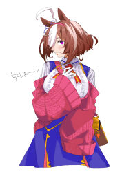 Rule 34 | 1girl, @ @, ahoge, animal ears, aran sweater, bag, blue skirt, blue vest, blush, breasts, cable knit, cardigan, cardigan partially removed, center frills, closed mouth, collared shirt, commentary request, frilled shirt, frills, gloves, hairband, hand on own chest, highres, horse ears, horse girl, large breasts, looking at viewer, looking to the side, meisho doto (umamusume), multicolored hair, neck ribbon, open cardigan, open clothes, open vest, pink cardigan, pink hairband, purple eyes, red ribbon, ribbon, shirt, short hair, shoulder bag, simple background, skirt, smile, solo, streaked hair, sweater, translation request, turning head, umamusume, underbust, vest, white background, white gloves, white shirt, wide sleeves, yezi (yo10ru29ko)