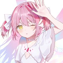 Rule 34 | 1girl, arm up, blush, breasts, choker, cleavage cutout, clothing cutout, collarbone, commentary request, dress, eyelashes, frilled sleeves, frills, hair between eyes, hair ribbon, hand up, highres, kaname madoka, light blush, light particles, long hair, looking at viewer, luna (luna610), mahou shoujo madoka magica, one eye closed, parted lips, pink hair, ribbon, shading eyes, short sleeves, simple background, small breasts, solo, two side up, ultimate madoka, upper body, white background, white choker, white dress, white ribbon, wide sleeves, wings, yellow eyes