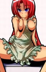Rule 34 | 1girl, apron, arm support, bare shoulders, between breasts, blue eyes, blush, braid, breasts, clothes between breasts, curvy, groin, hand on own chest, hong meiling, large breasts, legs apart, long hair, looking away, naked apron, red hair, sitting, solo, spread legs, teikoku gensui, touhou, twin braids