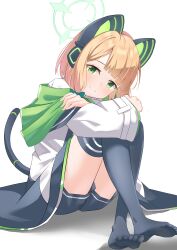Rule 34 | 1girl, absurdres, animal ear headphones, animal ears, black thighhighs, blonde hair, blue archive, blush, bow, cat tail, closed mouth, fake animal ears, full body, green bow, green eyes, green halo, hair bow, halo, headphones, highres, jacket, long sleeves, looking at viewer, midori (blue archive), olecafe2, short hair, simple background, smile, solo, tail, thighhighs, white background, white jacket, wide sleeves