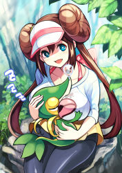 Rule 34 | 1girl, :d, between breasts, blue eyes, bow, bra strap, breast smother, breasts, brown hair, bush, creatures (company), double bun, face to breasts, game freak, gen 5 pokemon, grabbing, grabbing another&#039;s breast, hair bun, happy, highres, large breasts, looking at viewer, low twintails, nintendo, open mouth, pantyhose, pantyhose under shorts, pink bow, pokemon, pokemon (creature), pokemon bw2, rosa (pokemon), shorts, sitting, sleeping, smile, snivy, solo focus, sunlight, tonbo, twintails, visor cap, zzz