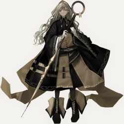 Rule 34 | 1girl, black coat, black footwear, black necktie, closed mouth, coat, collared coat, fold-over boots, green eyes, grey hair, highres, holding, holding staff, long hair, long sleeves, looking at viewer, narue, necktie, original, simple background, solo, staff, white background, wide sleeves, wing collar