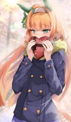 Rule 34 | 1girl, animal ears, blue jacket, blunt bangs, blurry, blurry background, buttons, chocolate, dated, ear covers, food, green eyes, hairband, highres, holding, holding chocolate, holding food, horse ears, jacket, long hair, looking at viewer, negipon, orange hair, outdoors, revision, scarf, shy, silence suzuka (umamusume), solo, twitter suki, umamusume, white hairband, winter clothes, yellow scarf