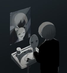 Rule 34 | 1boy, avogado6, basin, commentary, dark, closed eyes, faceless, faceless male, formal, holding, holding mask, male focus, mask, mirror, original, reflection, shirt, smile, suit, tagme
