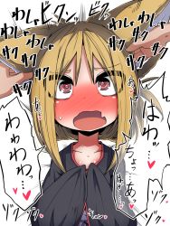 Rule 34 | 1girl, 1other, animal ear fluff, animal ears, black shirt, blush, brown eyes, brown hair, commentary request, ear fondling, grabbing another&#039;s ear, folded ponytail, fox ears, hand on another&#039;s ear, highres, long hair, moyachii, open mouth, original, shirt, sleeves past wrists, translation request, upper body, wide-eyed