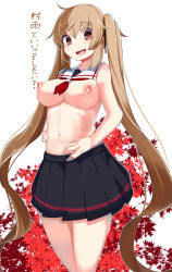 Rule 34 | 10s, 1girl, bad anatomy, breasts, brown hair, hair between eyes, hands on own hips, kantai collection, large breasts, long hair, miniskirt, murasame (kancolle), nipples, orange eyes, pleated skirt, remodel (kantai collection), skirt, smile, solo, tenken (gotannda), topless, translated, twintails, very long hair