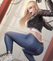 Rule 34 | 1girl, ankle cuffs, ass, bad id, bad pixiv id, black gloves, black jacket, blonde hair, blue eyes, blue pants, blurry, blurry background, bound, breasts, butt crack, chain, chained, commentary, cropped jacket, cuffs, denim, depth of field, eyelashes, feet out of frame, from behind, full-length zipper, gloves, hands up, highres, jacket, jeans, kidmo, long hair, long sleeves, looking at viewer, looking back, medium breasts, midriff, mole, mole under eye, no socks, nose, open clothes, open jacket, open mouth, original, panties, pants, pink lips, pocket, restrained, shackles, shirt, shoes, sneakers, solo, squatting, string panties, swept bangs, teeth, thong, tight clothes, tight pants, tongue, underwear, whale tail (clothing), white footwear, white panties, white shirt, zipper, zipper pull tab