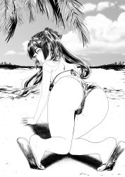 Rule 34 | 1girl, absurdres, all fours, ass, beach, bikini, cloud, earrings, feet, genshin impact, greyscale, highres, jewelry, jin amber, looking at viewer, looking back, mona (genshin impact), monochrome, palm tree, sand, sandals, sky, solo, swimsuit, thighs, tree
