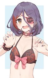 Rule 34 | 1girl, bikini, bow, bow bikini, bracelet, brown eyes, choker, claw pose, collarbone, eyepatch, eyes visible through hair, fang, flat chest, hair between eyes, hayasaka mirei, highres, idolmaster, idolmaster cinderella girls, jewelry, looking at viewer, multicolored hair, multicolored nails, nail polish, navel, o-ring, o-ring choker, open mouth, parted bangs, pink bow, pink nails, purple hair, purple nails, red choker, red hair, shone, short hair, simple background, solo, spiked bracelet, spikes, stomach, streaked hair, swimsuit, two-tone hair, upper body