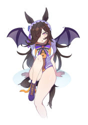 Rule 34 | 1girl, absurdres, alternate breast size, animal ears, arm support, bare legs, bat wings, blue flower, blue rose, boots, bow, bowtie, breasts, brown hair, chujiang, commentary, cross-laced footwear, fang, flower, frilled hairband, frills, hair over one eye, hairband, highres, horse ears, horse girl, horse tail, lace-up boots, large breasts, leg up, leotard, long hair, looking at viewer, open mouth, pink eyes, purple footwear, rice shower (make up vampire!) (umamusume), rice shower (umamusume), rose, short sleeves, simple background, sitting, slit pupils, solo, sweatdrop, tail, thighs, umamusume, white background, wings