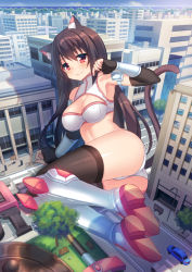 Rule 34 | 1girl, animal ears, black hair, blush, breasts, cat ears, cat tail, city, cleavage, cleavage cutout, clothing cutout, elbow gloves, fingerless gloves, giant, giantess, gloves, highres, long hair, looking at viewer, midriff, original, red eyes, smile, solo, tail, thighhighs, ureshiijelek