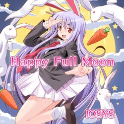 Rule 34 | 1girl, animal ears, ankle socks, black jacket, blazer, brown footwear, carrot, circle skirt, clothes lift, cloud, coattails, collared shirt, english text, eyelashes, floppy ears, foot out of frame, full moon, game cg, hand on own head, iosys, jacket, leg up, light purple hair, long hair, long sleeves, looking at viewer, lower teeth only, miniskirt, moon, necktie, night, night sky, official art, open mouth, outstretched arm, pleated skirt, pocket, rabbit, rabbit ears, red eyes, red necktie, reisen udongein inaba, shirt, shoes, skirt, skirt lift, sky, smile, socks, solo, straight hair, teeth, toromi (toromix2), touhou, touhou cannonball, very long hair, white shirt, white skirt, white socks