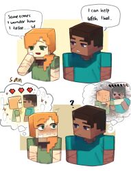 Rule 34 | 1boy, 1girl, :d, ?, absurdres, alex (minecraft), blush, brown background, brown hair, cropped torso, english text, freckles, green shirt, heart, hetero, highres, long hair, looking at another, minecraft, open mouth, orange hair, shirt, short hair, short sleeves, smile, steve (minecraft), sweat, teachiialt, thought bubble, upper body, white background, yellow background