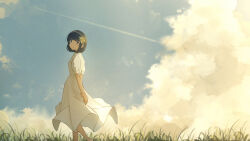 Rule 34 | 1girl, absurdres, arms behind back, black hair, blue eyes, blue sky, blunt bangs, blush, bob cut, closed mouth, cloud, cloudy sky, contrail, day, dress, feet out of frame, flower, from side, grass, hair flower, hair ornament, hairband, highres, holding own wrist, long bangs, long dress, looking at viewer, oka kojiro, original, outdoors, pleated dress, scenery, short hair, sky, smile, solo, sundress, white dress, white hairband