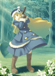 Rule 34 | 1girl, atlus, blonde hair, blue eyes, blush, boots, brown footwear, buttons, curly hair, etrian odyssey, forest, gunner (sekaiju), hat, hisagi hotaru, jack frost (megami tensei), knee boots, long hair, long sleeves, nature, outdoors, plant, pom pom (clothes), solo, standing, tree, very long hair