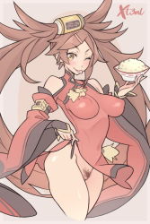 Rule 34 | 1girl, ;p, bare shoulders, blush, bowl, breasts, brown pubic hair, china dress, chinese clothes, clothing aside, commentary, covered erect nipples, cropped legs, detached sleeves, dress, english commentary, female pubic hair, flashing, food, fried rice, guilty gear, guilty gear xrd, hair ornament, hair rings, hair tubes, hairclip, holding, holding food, impossible clothes, impossible dress, kuradoberi jam, large breasts, long hair, looking at viewer, naughty face, no bra, no panties, one eye closed, pelvic curtain, pelvic curtain aside, pointy breasts, pubic hair, pussy, red dress, solo, standing, thighs, tongue, tongue out, uncensored, very long hair, wide sleeves, x-t3al