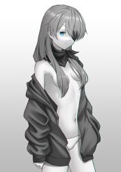 Rule 34 | 1girl, barefoot, blue eyes, breasts, choker, evangelion: 3.0+1.0 thrice upon a time, expressionless, eyepatch, greyscale, hair ornament, hair over breasts, hand in pocket, highres, jacket, jacket on shoulders, ka ki o, light smile, long hair, looking at viewer, medium breasts, monochrome, navel, neon genesis evangelion, no bra, open clothes, open jacket, panties, rebuild of evangelion, simple background, solo, souryuu asuka langley, standing, thighs, underwear, white panties, wide hips