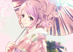 Rule 34 | 1girl, alicetype, holding, japanese clothes, kimono, long hair, looking at viewer, original, pink eyes, pink hair, ponytail, smile, solo, umbrella