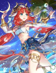 Rule 34 | 1girl, absurdres, anbe yoshirou, armlet, blue skirt, blush, bracer, breasts, brooch, circlet, commentary request, crescent moon, fake horns, feet, foot out of frame, genshin impact, gladiator sandals, green eyes, hair ornament, harem outfit, highres, horns, jewelry, legs, long hair, long sleeves, looking to the side, low twintails, medium breasts, moon, nail polish, neck ring, night, night sky, nilou (genshin impact), open mouth, palm tree, puffy long sleeves, puffy sleeves, red hair, sandals, sash, sidelocks, skirt, sky, smile, solo, standing, standing on one leg, thighlet, thighs, toenail polish, toenails, toes, tree, twintails, veil, water, white veil