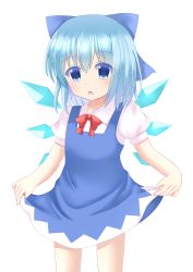 Rule 34 | 1girl, :o, absurdres, blue dress, blue eyes, blue hair, cirno, clothes lift, cowboy shot, dress, hair between eyes, hair ribbon, highres, lifted by self, looking at viewer, md5 mismatch, open mouth, pinafore dress, puffy short sleeves, puffy sleeves, red neckwear, red ribbon, resolution mismatch, ribbon, shirt, short hair, short sleeves, simple background, skirt, skirt lift, sleeveless dress, solo, source smaller, standing, touhou, white background, white shirt, wings, yukina kurosaki