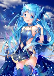 Rule 34 | 1girl, :d, bare shoulders, blue choker, blue dress, blue eyes, blue hair, blue ribbon, blue sky, blue sleeves, blue thighhighs, blurry, blurry foreground, blush, breasts, choker, clothing cutout, cloud, collarbone, commentary request, day, detached sleeves, dress, fingernails, hair ribbon, hand up, highres, horns, king&#039;s raid, lilia (king&#039;s raid), long hair, navel, navel cutout, ocean, open mouth, outdoors, pointy ears, ribbon, round teeth, shiraki shiori, short sleeves, sky, sleeveless, sleeveless dress, small breasts, smile, solo, teeth, thighhighs, upper teeth only, very long hair, water drop