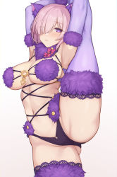 Rule 34 | 1girl, animal ears, armpits, arms up, blush, bow, breasts, cleavage, closed mouth, elbow gloves, evan yang, expressionless, fake animal ears, fate/grand order, fate (series), fur-trimmed gloves, fur-trimmed legwear, fur collar, fur trim, gloves, gluteal fold, hair over one eye, highres, large breasts, leg up, looking at viewer, mash kyrielight, mash kyrielight (dangerous beast), navel, official alternate costume, pink bow, pink hair, purple eyes, purple gloves, purple legwear, revealing clothes, short hair, simple background, solo, split, standing, standing on one leg, standing split, stomach, thighs, underboob, white background, wolf ears