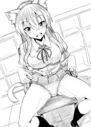 Rule 34 | 1girl, animal ears, breasts, cardigan, cat ears, cat girl, cat tail, chair, clothes lift, fang, long hair, looking at viewer, medium breasts, monochrome, nokoppa, panties, school, school uniform, sketch, skirt, skirt lift, spread legs, tail, thick thighs, thighs, underwear