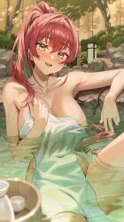 Rule 34 | 1girl, blush, bottle, breasts, collarbone, commentary request, cup, heterochromia, highres, hololive, houshou marine, kobayashi (jna x rgh), large breasts, looking at viewer, naked towel, onsen, open mouth, partially submerged, red eyes, red hair, solo, towel, virtual youtuber, water, wet, yellow eyes