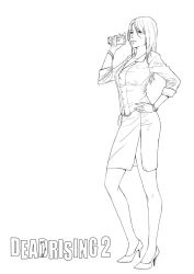 Rule 34 | 1girl, bad id, bad pixiv id, belt, bracelet, camera, capcom, cellphone, dead rising, dead rising 2, dress shirt, female focus, fingernails, greyscale, hand on own hip, hands on own hips, high heels, jewelry, long hair, miniskirt, mole, mole under eye, monochrome, phone, rebecca chang, shirt, shoes, sketch, skirt, sleeves rolled up, solo, sww13