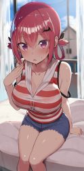 Rule 34 | 1girl, absurdres, arm support, armpit crease, bare arms, bare shoulders, bat hair ornament, blouse, blue shorts, breasts, breath, cleavage, collarbone, commentary request, curtains, cutoffs, drawstring, fang, gabriel dropout, greatmosu, hair ornament, hair ribbon, hair rings, hand up, highres, huge breasts, indoors, large breasts, looking at viewer, open mouth, red eyes, red hair, red shirt, ribbon, satanichia kurumizawa mcdowell, see-through, shirt, short shorts, shorts, sitting, sleeveless, sleeveless shirt, solo, striped clothes, striped shirt, sweat, thighs, wet, wet clothes, wet shirt, window