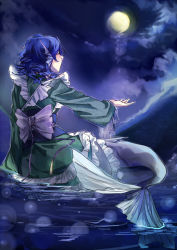 Rule 34 | 1girl, bad id, bad pixiv id, blue hair, drill hair, fins, from behind, full moon, head fins, japanese clothes, kimono, koimizu, long sleeves, mermaid, monster girl, moon, night, night sky, obi, outstretched arm, ribbon, sash, short hair, sitting, sky, solo, touhou, wakasagihime, water, wide sleeves