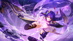 Rule 34 | 1girl, artist name, braid, breasts, bridal gauntlets, cleavage, drawing sword, electricity, flower, genshin impact, glowing, glowing hair, glowing weapon, hair ornament, highres, holding, holding sword, holding weapon, human scabbard, japanese clothes, katana, kimono, large breasts, long hair, long sleeves, looking at viewer, low-braided long hair, low-tied long hair, musou isshin (genshin impact), obi, purple eyes, purple flower, purple hair, purple kimono, raiden shogun, sash, sea sand, solo, sword, thighhighs, tomoe (symbol), weapon