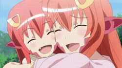 Rule 34 | animated, animated gif, blush, greatveemon, hair ornament, hairclip, hug, if they mated, miia (monster musume), monster musume no iru nichijou, mother and daughter, red hair, scales, smile